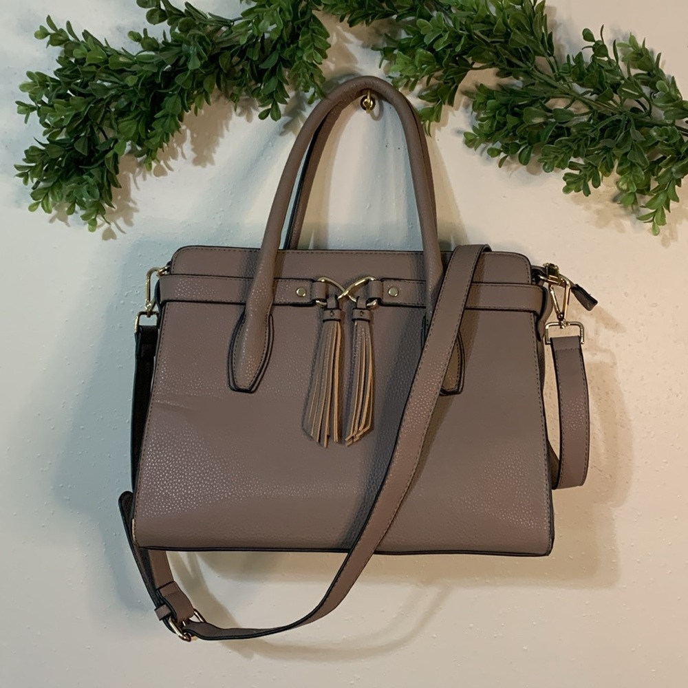 Chic Taupe Satchel with Tassel Accents